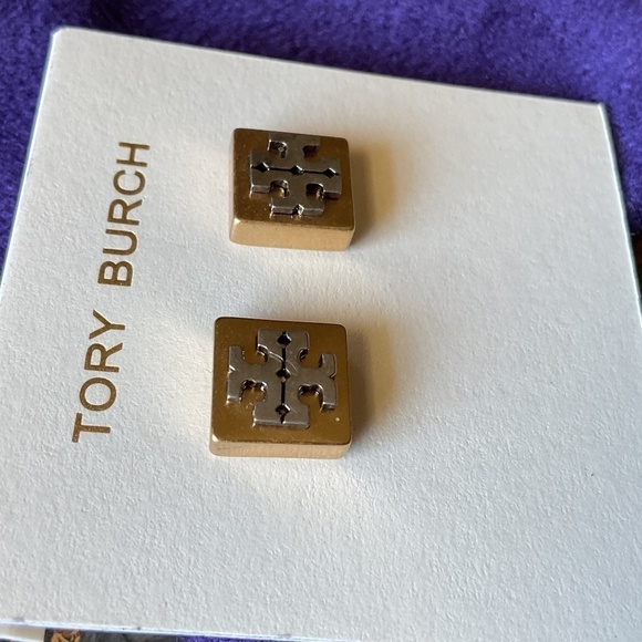 TORY BURCH MILLER LOGO GOLD/SILVER TONE STUD EARRINGS NEW WITH GIFT BAG - Picture 7 of 8